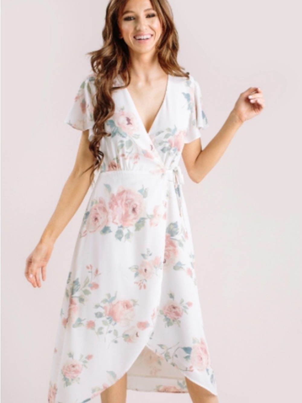 Floral Wrap Midi Dress in White and Blush Pink